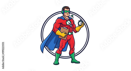 Superhero coach holding clipboard and stopwatch, symbol of efficiency and success
