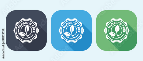 Paraben free icons in gray blue green colors for cosmetics and skincare products