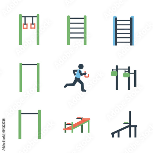 Outdoor Fitness Equipment and Sports Icons Set.