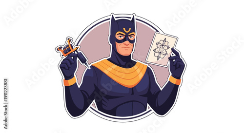 Super Tattoo Artist Holding Tattoo Gun and Displaying Artwork Design Template