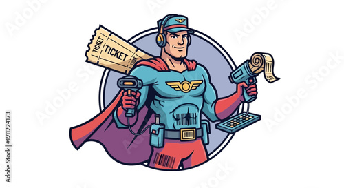 Super employee with ticket, scanner, keyboard and receipt printer - business hero