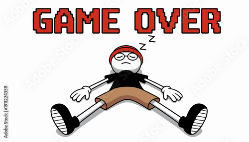 Cartoon character exhausted and sleeping after game.