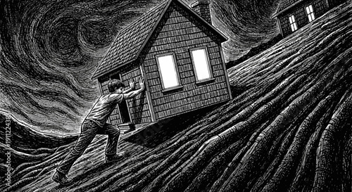 Man struggling to hold onto house during strong winds and stormy weather.