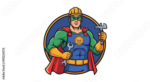 Super Handy Man Illustration Character with Tools Wearing Cape and Mask