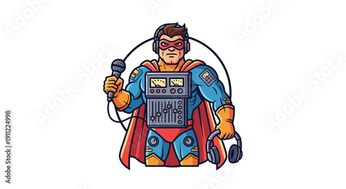 Superhero With Microphone and Headphones, Ready for Action and Broadcast