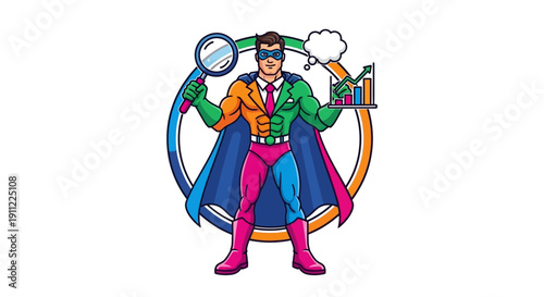 Super SEO Hero Analyzing Data and Statistics for Online Business Growth Strategy