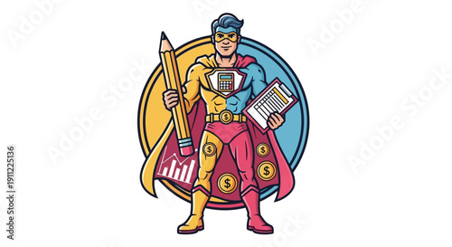 Superhero Accountant Holding Pencil and Clipboard with Growing Business Chart