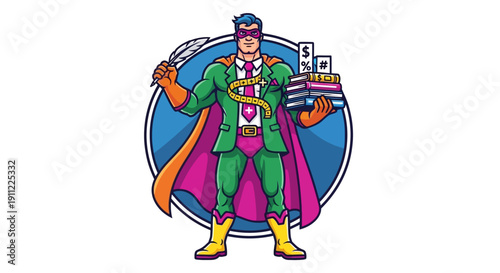 Superhero graphic illustration of a businessman carrying books and a quill pen