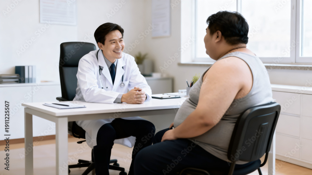 Fototapeta premium Doctor Consulting Overweight Patient During Medical Appointment in Clinic.