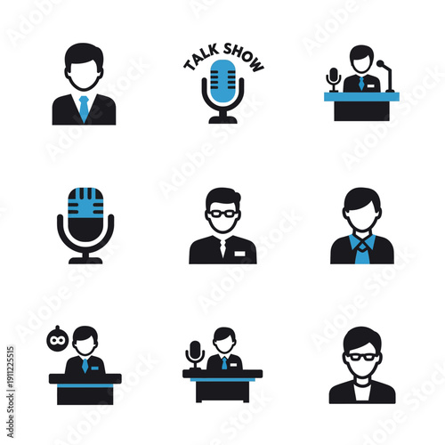 Set of Icons Representing Talk Show Hosts and Microphones.