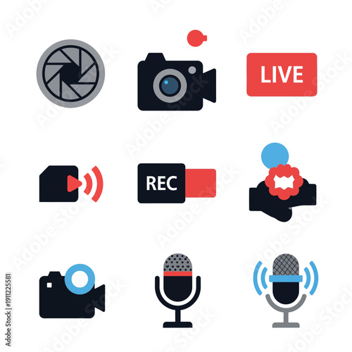Set of Icons Representing Video Recording and Live Streaming Technology.