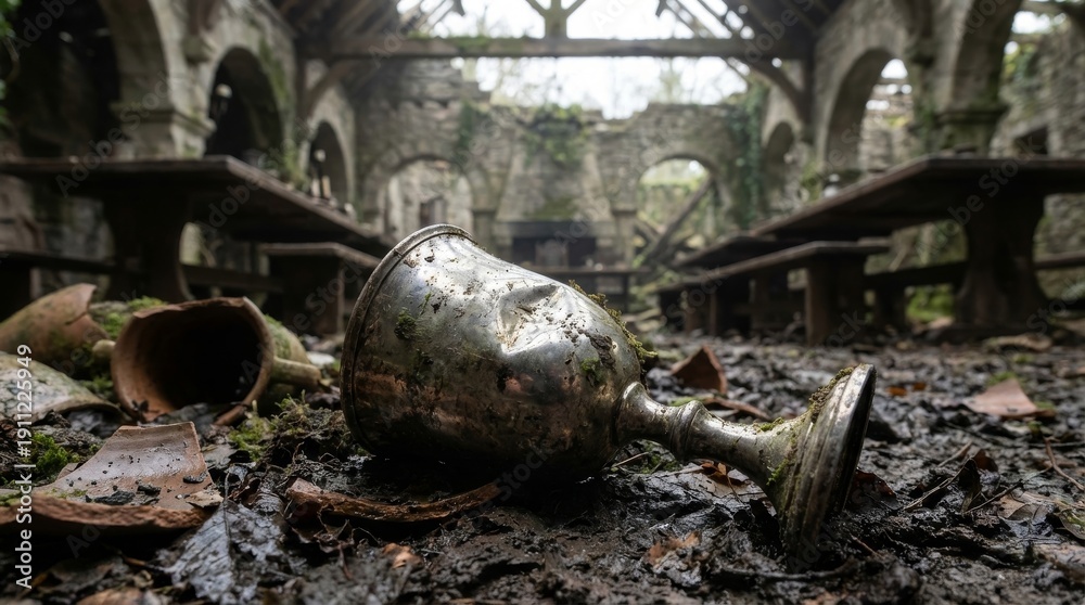 Fototapeta premium Tarnished Silver Goblet Lying in Abandoned Ruins
