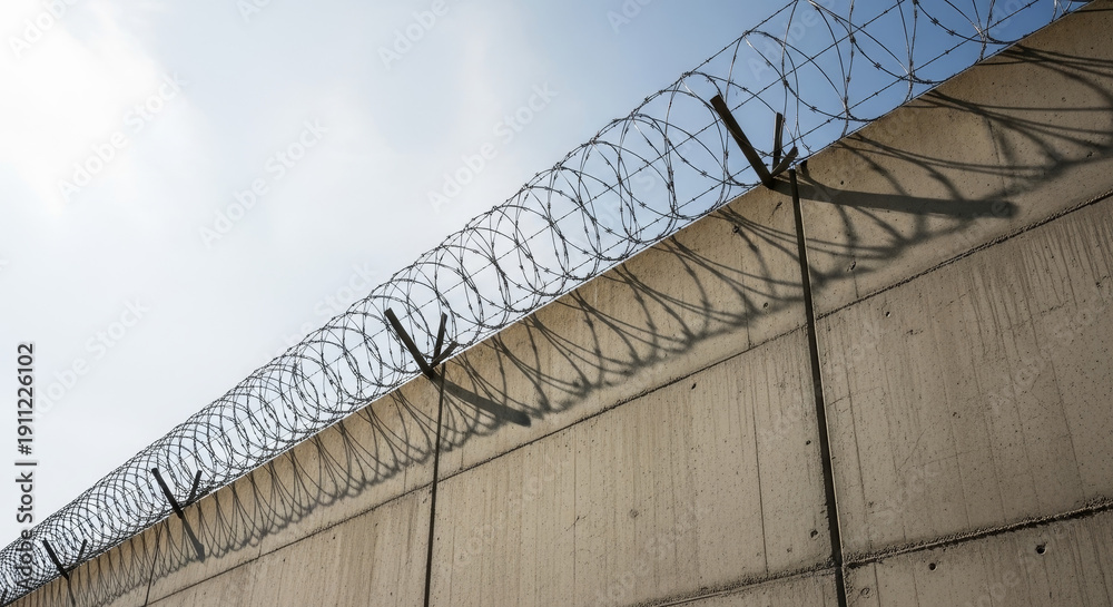 Fototapeta premium Prison Wall with Concertina Wire under Sunlight for Security Blogs, Awareness Campaigns, Social Justice Articles, and Legal Discussions