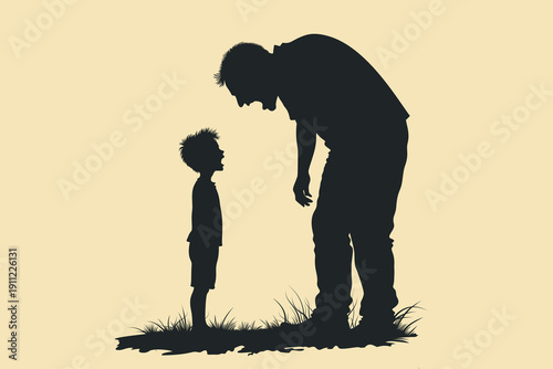 Silhouette of angry father yelling at scared son, child abuse, intimidation, emotional violence, fear and conflict in dysfunctional family