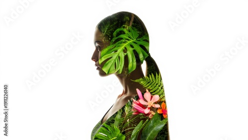 Medium close-up profile of a young woman with olive skin in a double exposure with tropical monstera leaves and pink flowers on a white background
