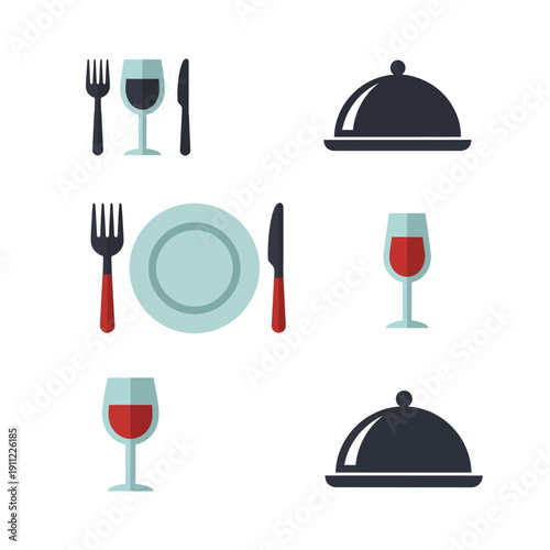 Set Table Icons with Wine Glass and Food Cloche.