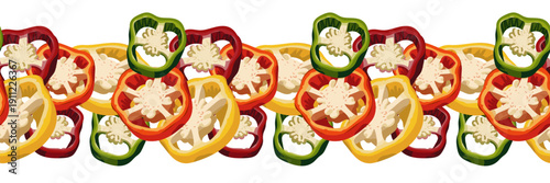 seamless border with hand drawn colorful slices of bell pepper and hot chili isolated on white for kitchen design cooking background