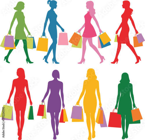 Colorful women shopping silhouettes walking with bags, fashionable female shoppers, retail lifestyle concept, modern flat vector illustration set, design, collection