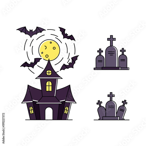 Spooky Halloween Night Icons Collection Haunted House, Full Moon, Flying Bats, and Creepy Graveyard Tombstones Vector Illustrations for Holiday Designs