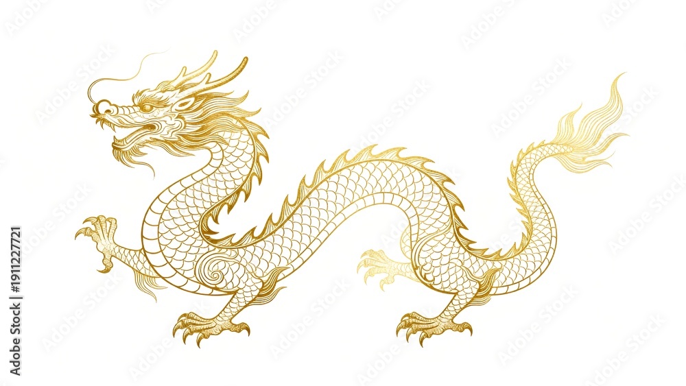 Fototapeta premium AI illustration of detailed golden dragon line artwork