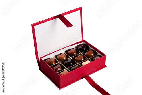 Open box of heart chocolates on transparent background