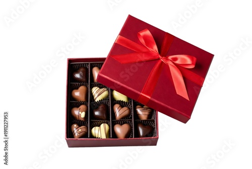 Red gift box of heart chocolates on transparent background
