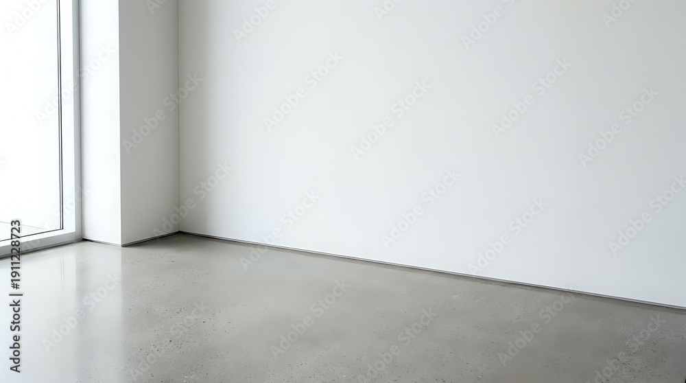 Obraz premium Empty modern room corner with polished concrete floor and white walls near large window for interior design and architectural projects.