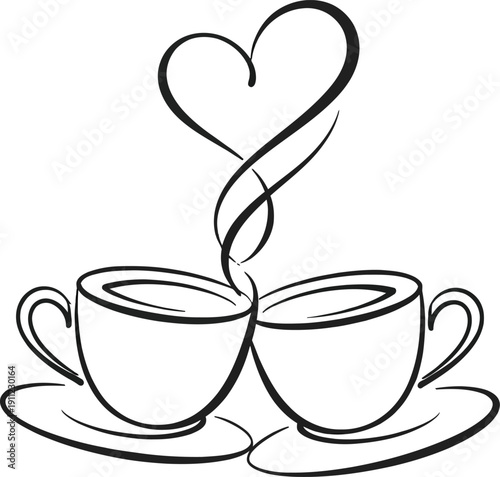 Two Hand-Drawn Coffee Cups with Heart Steam Vector Illustration