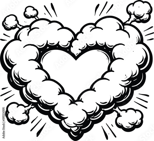 Black and White Comic Book Style Cloud Heart Shape Vector Illustration