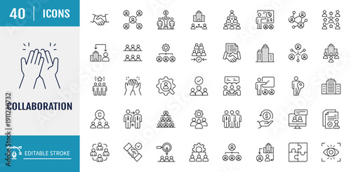 Collaboration icon set. Includes Team,, Togetherness, Communication, Crowdfunding, Cooperation, Social, and more. Outline icon set. Vector illustration with editable stroke