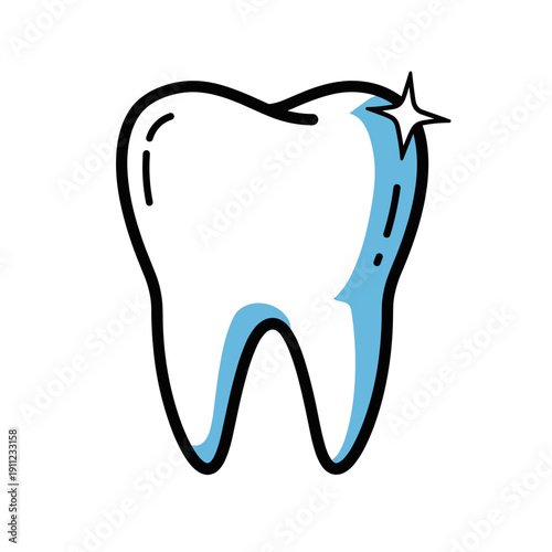 Bright sparkling tooth in minimalist cartoon style in blue and black colors for dental care and hygiene promotion