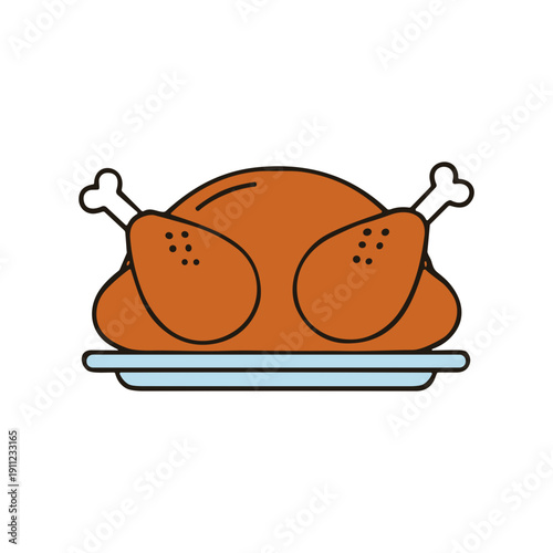 Roasted Turkey Icon in Simple Cartoon Style Using Warm Brown Tones Representing Holiday Dinner on Serving Plate