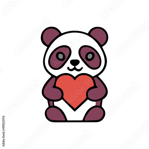 Cute panda with loving mood holding red heart in flat cartoon style
