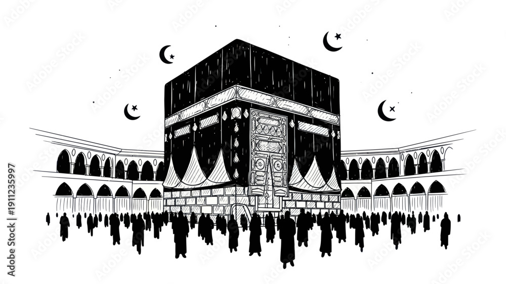 Fototapeta premium Kaaba in Mecca with pilgrims performing Hajj or Umrah rituals.
