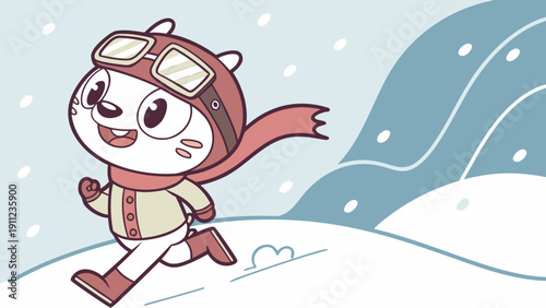 A cartoon winter sports mascot, wearing a scarf and snow goggles.