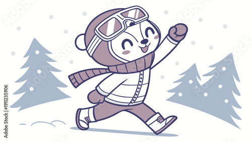 A cartoon winter sports mascot, wearing a scarf and snow goggles.