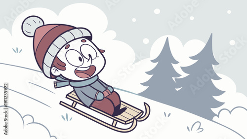 Cartoon person sliding on a sled in the snow, funny expression.