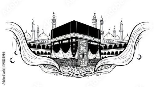 Kaaba in Mecca with mosque in the background, hand drawn illustration.