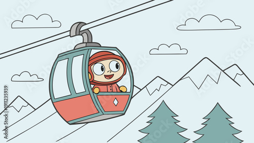 Cartoon skier on a cable car, simplified and friendly setting.