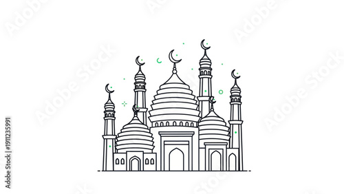 Minimalist Line Art Drawing of a Grand Mosque with Multiple Domes and Minarets.