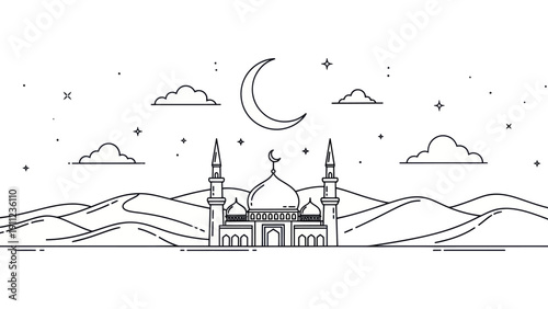 Mosque in desert landscape with crescent moon and stars.