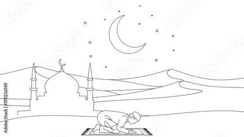 Muslim man praying in desert at night under crescent moon.