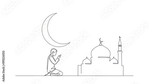 Muslim man praying in front of a mosque under a crescent moon.