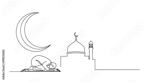 Muslim man praying on a mat in front of a mosque under a crescent moon.