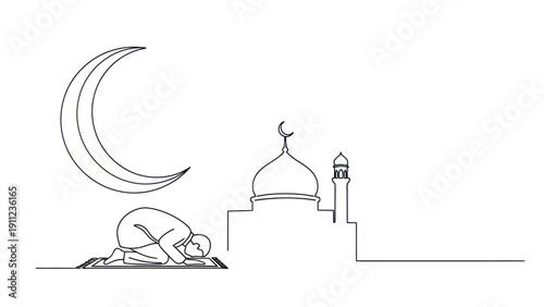 Muslim man praying on a rug with crescent moon and mosque illustration.