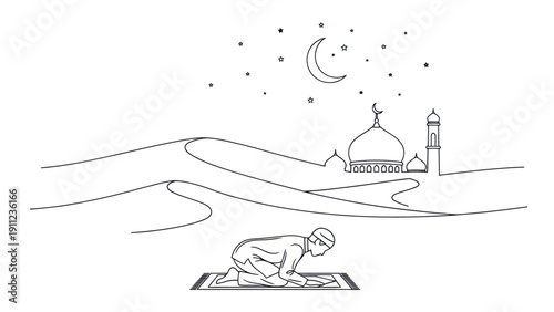 Muslim Man Praying on Prayer Mat in Desert Landscape at Night.