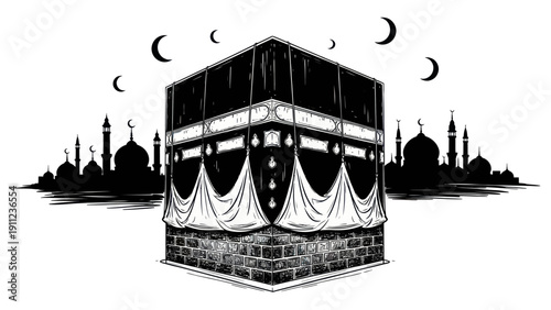 The Kaaba, a sacred building in Mecca, Saudi Arabia, revered by Muslims worldwide.