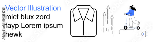 Innovation, urban transportation, eco-friendly trends, fashion concepts, technological growth, future design. Minimal outline of a shirt and person on an electric scooter. Innovation and urban