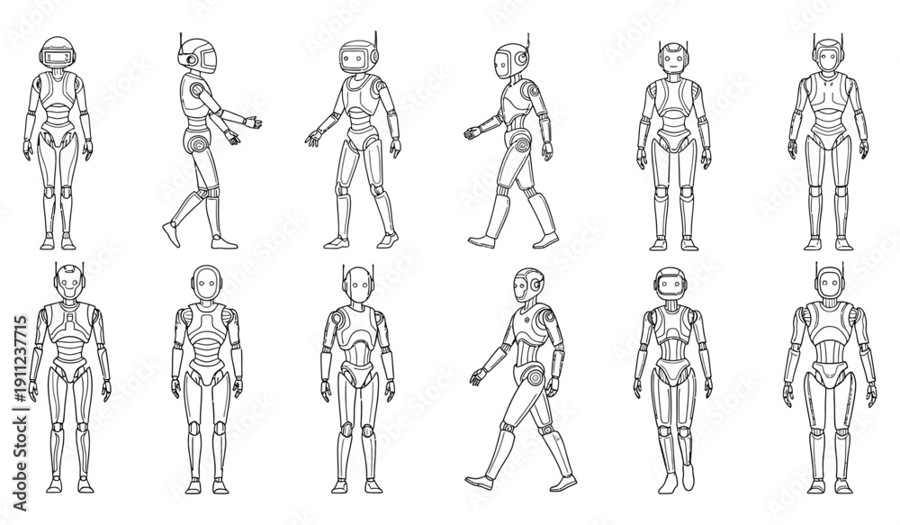 Obraz premium Collection of detailed black and white line art illustrations showcasing various humanoid android robots with different head designs and walking poses