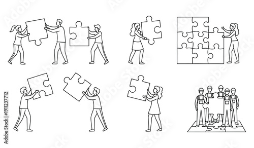 Diverse group of people actively collaborating by carrying and fitting large puzzle pieces together illustrating teamwork success in business solutions and partnership building.